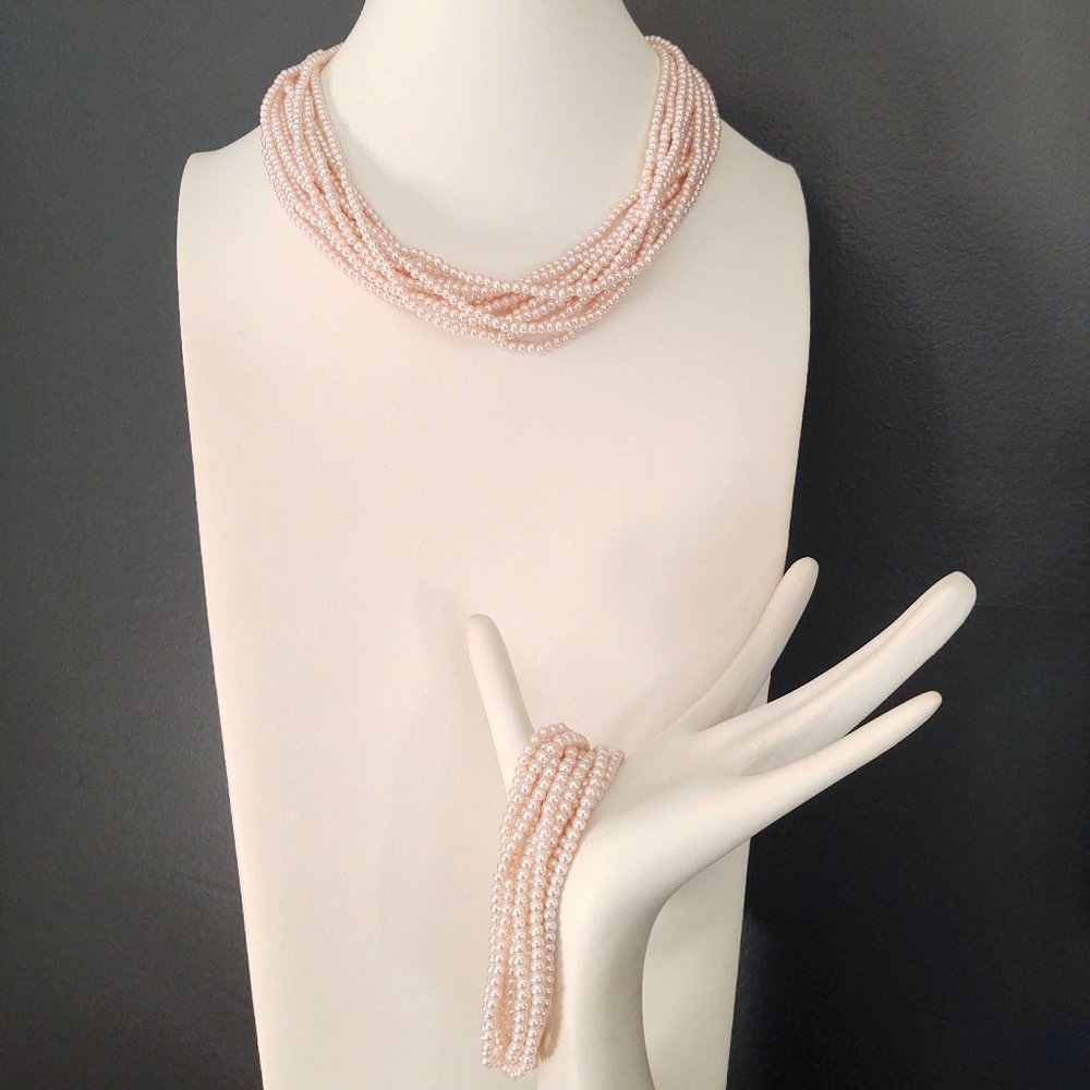 Vintage multi strand pink beaded necklace and bracelet set